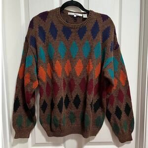 Perry Ellis Vintage Grandpa Sweater 100% Cotton Coogi Style Brown Shapes Cosby